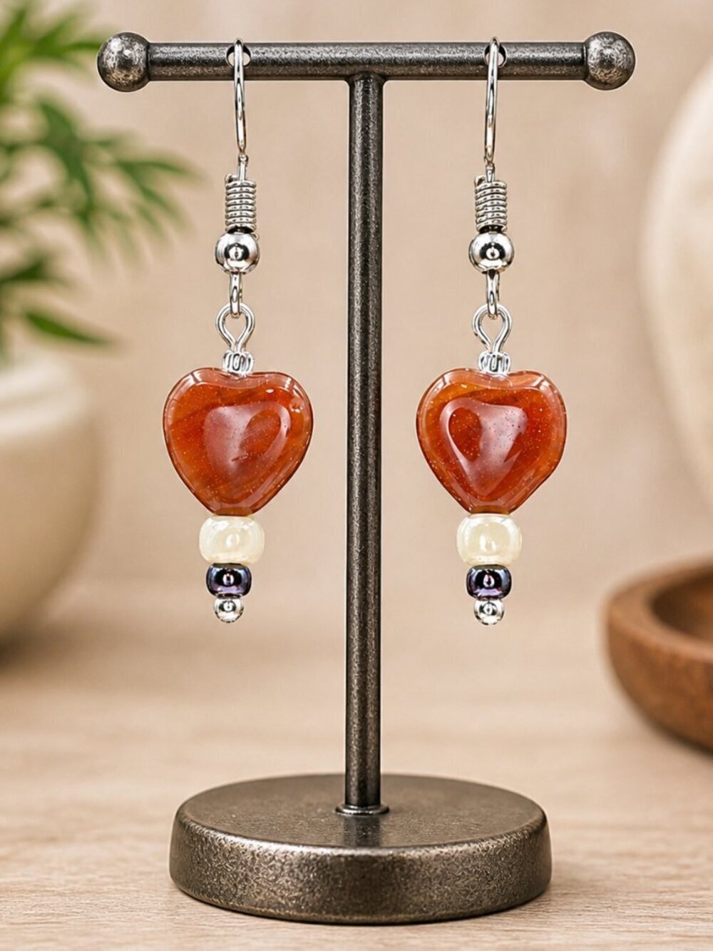 Heart Agate Drop Earrings Sterling Silver | Handmade - Picture 2 of 6